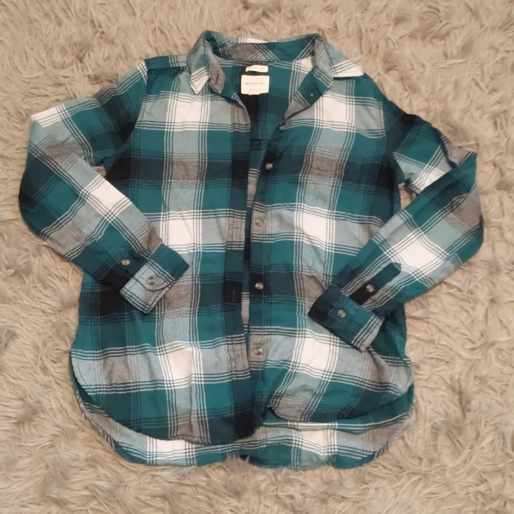 Green Blue White American Eagle Boyfriend Fit Ahh-Mazingly Soft Cozy Flannel
